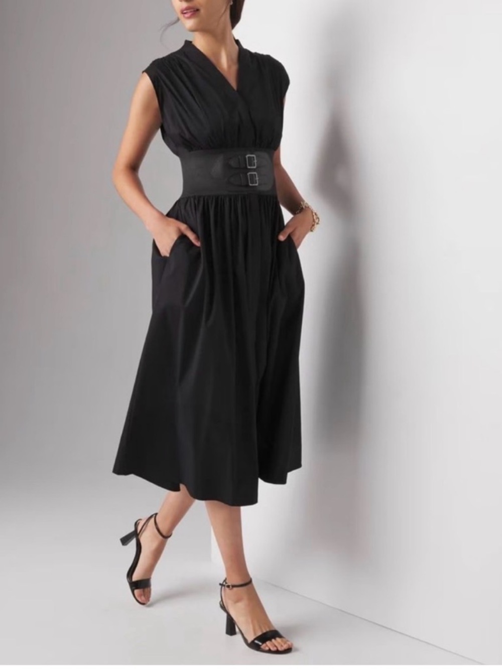 White House Black Market Black Midi Dress with Wide Buckle Waist